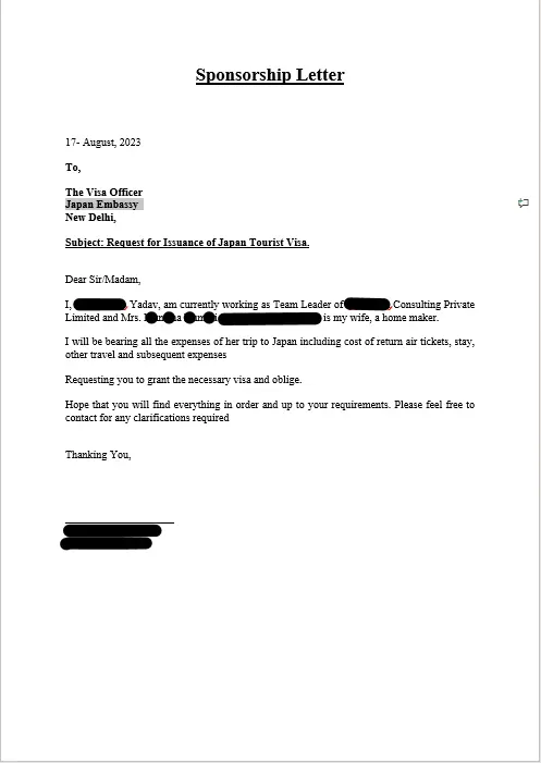dummy Sponsorship letter